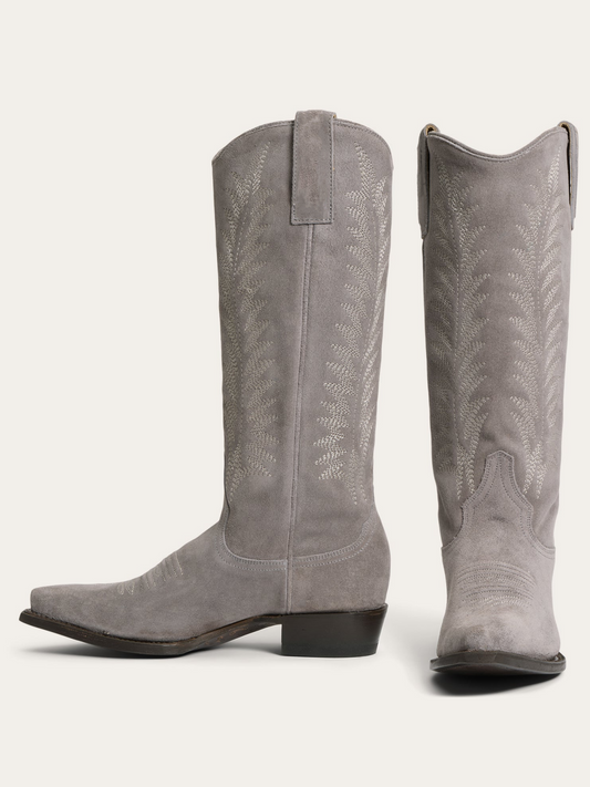 Gray Faux Suede Snip-Toe Classic Embroidery Wide Mid Calf Tall Cowgirl Boots