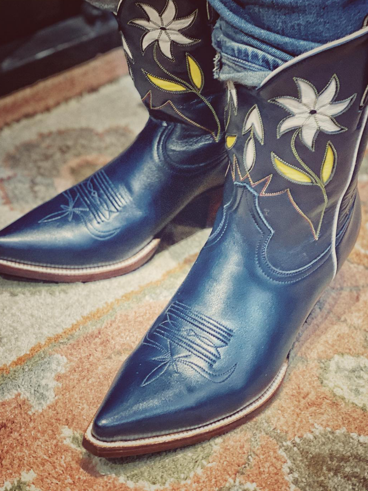 Dark Blue Flower Inaly Pointed-Toe Wide Mid Calf Cowgirl Boots