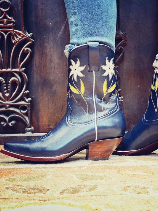 Dark Blue Flower Inaly Pointed-Toe Wide Mid Calf Cowgirl Boots