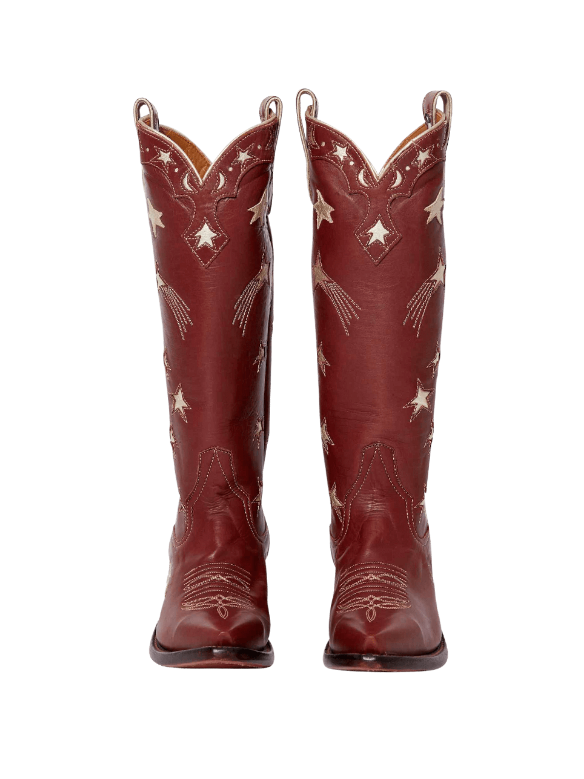 Metallic Moon Star Inlay Applique Mid Calf Cowgirl Tall Boots - Brown / Pale Gold