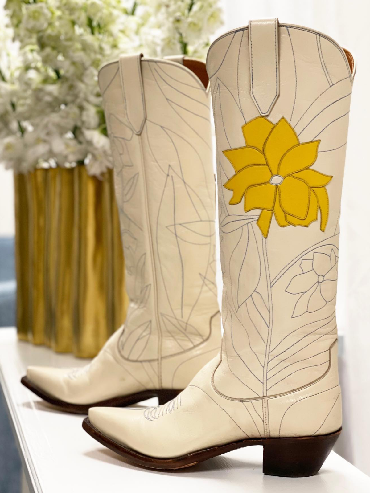 Cream Snip-Toe Embroidery Flower Applique Wide Calf Knee High Cowgirl Boots