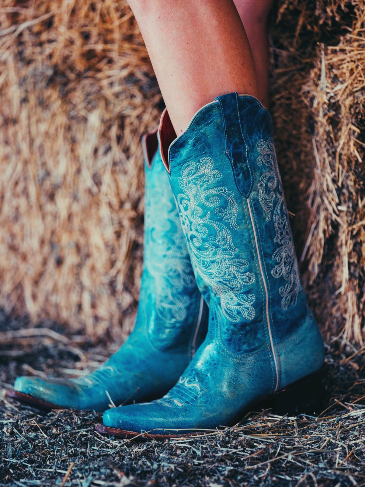 Turquoise Floral Embroidery Snip-Toe Wide Mid Calf Western Boots Cowgirl Tall Boots