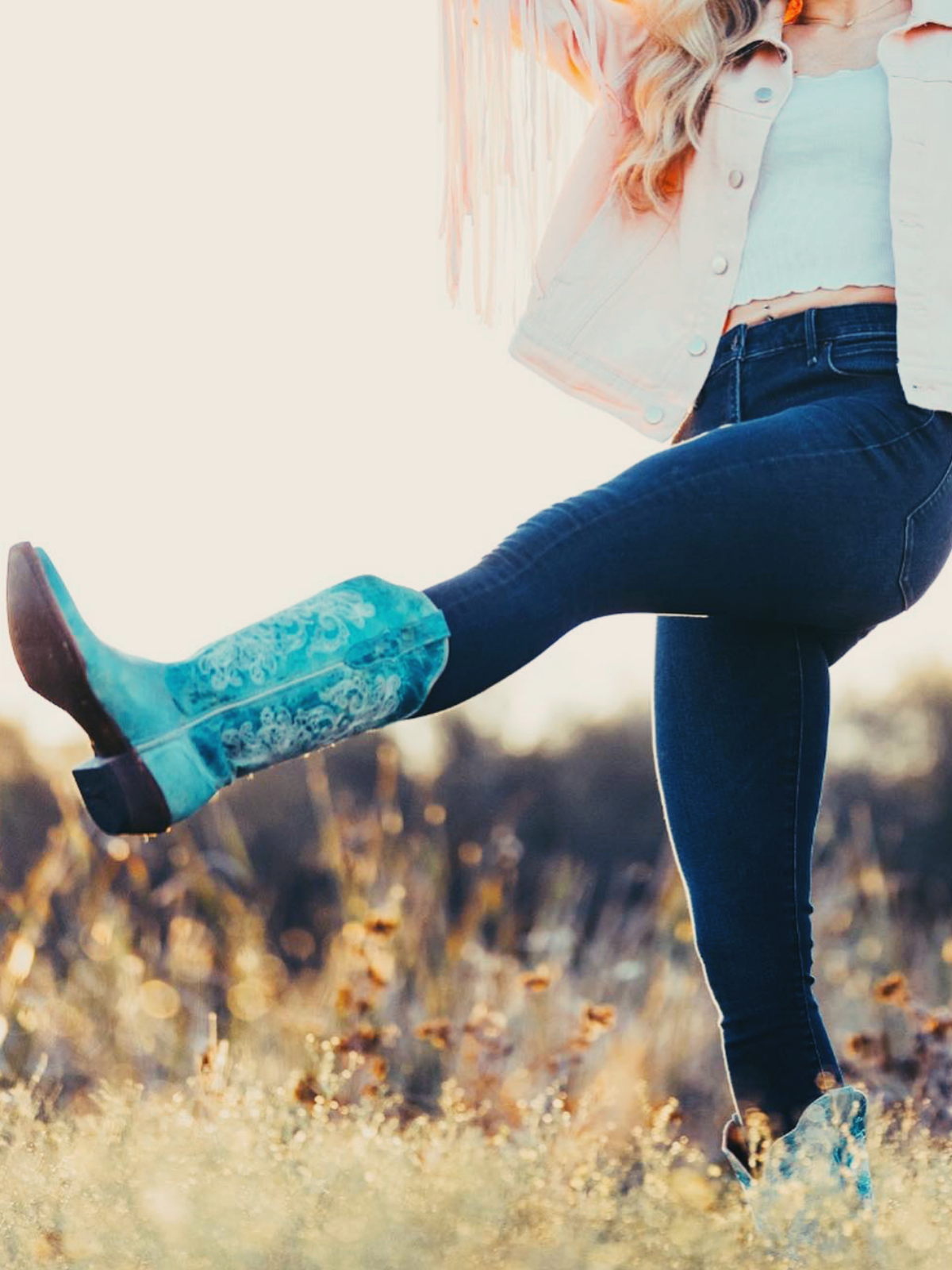 Turquoise Floral Embroidery Snip-Toe Wide Mid Calf Western Boots Cowgirl Tall Boots