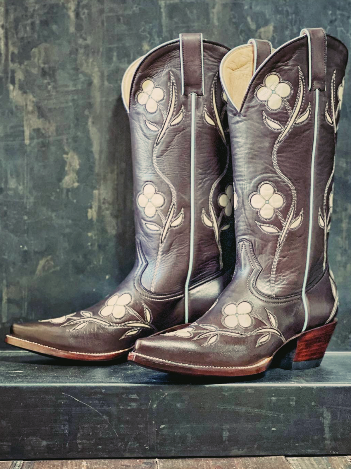 White Flower Inlay Pointed-Toe Wide Mid Calf Tall Cowgirl Boots In Chocolate