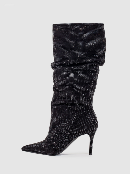 Black Faux Suede Pointed-Toe Crystal Slouchy Wide Mid Calf Stiletto Boots