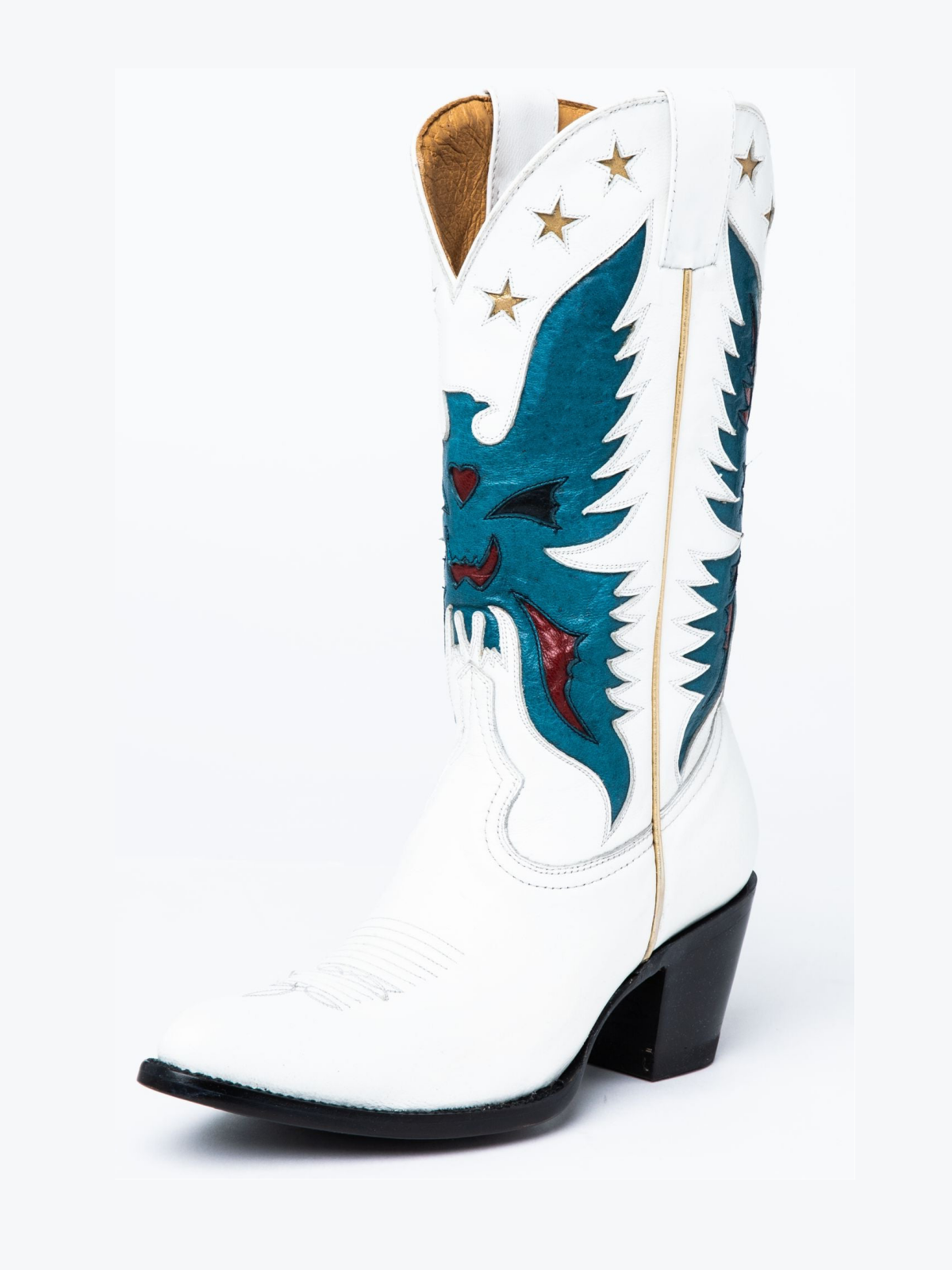 White Pointed-Toe Blue Eagle Star Inlay Wide Mid Calf Tall Cowgirl Boots