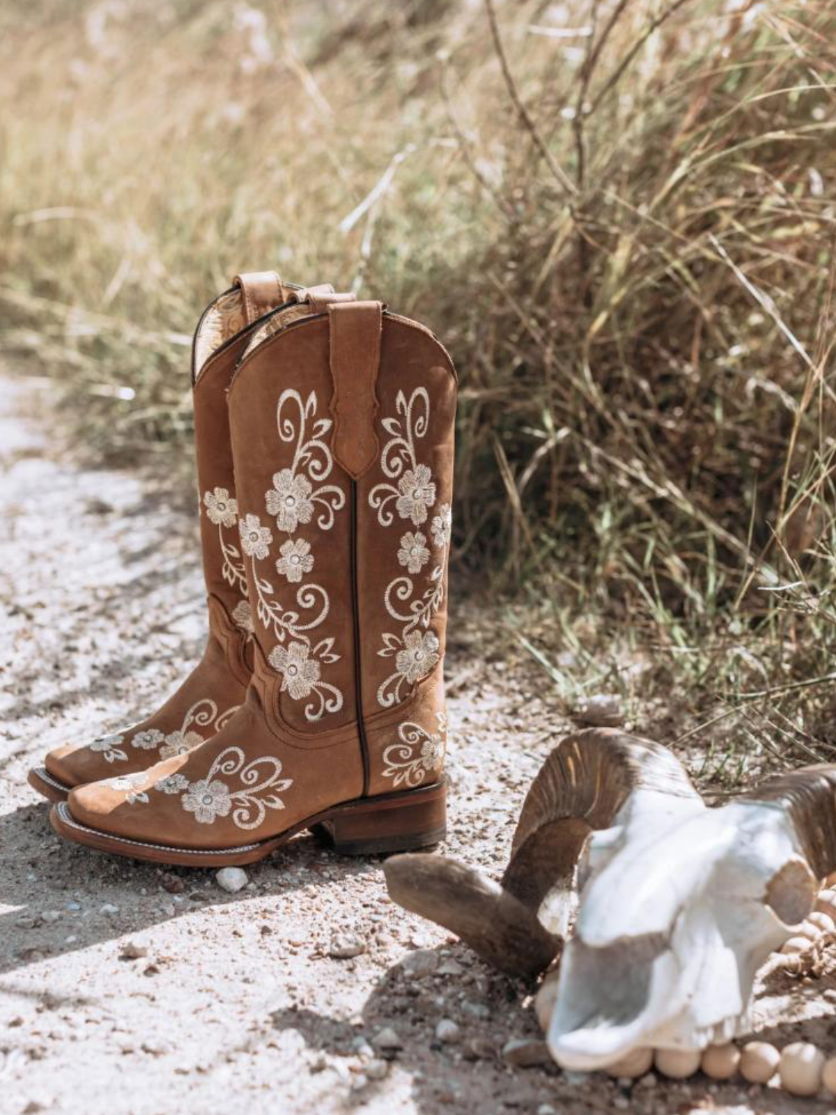 Brown Floral Embroidery Rhinestone Square-Toe Wide Mid Calf Cowgirl Boots