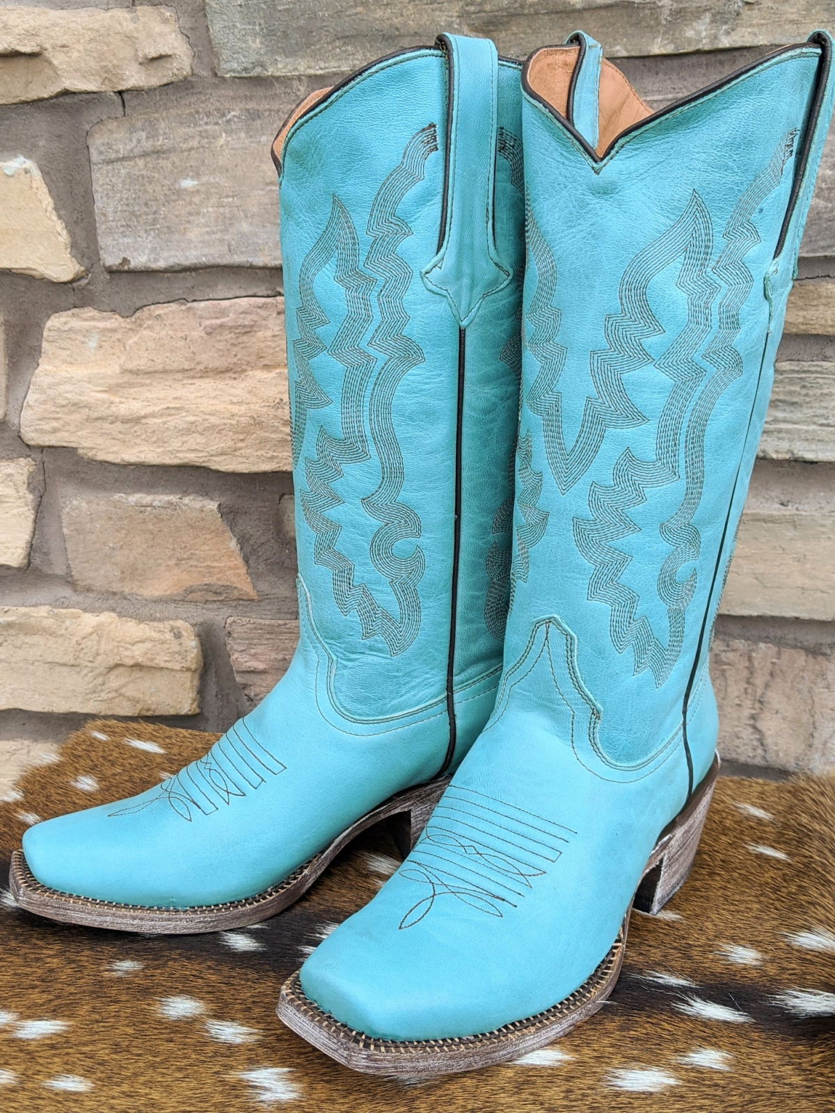 Turquoise Square-Toe Embroidery Wide Mid Calf Tall Cowgirl Boots