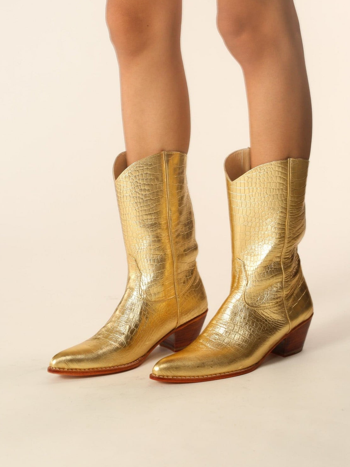 Metallic Gold Crocodile-Embossed Almond-Toe Back-Zip Mid Calf Cowgirl Boots