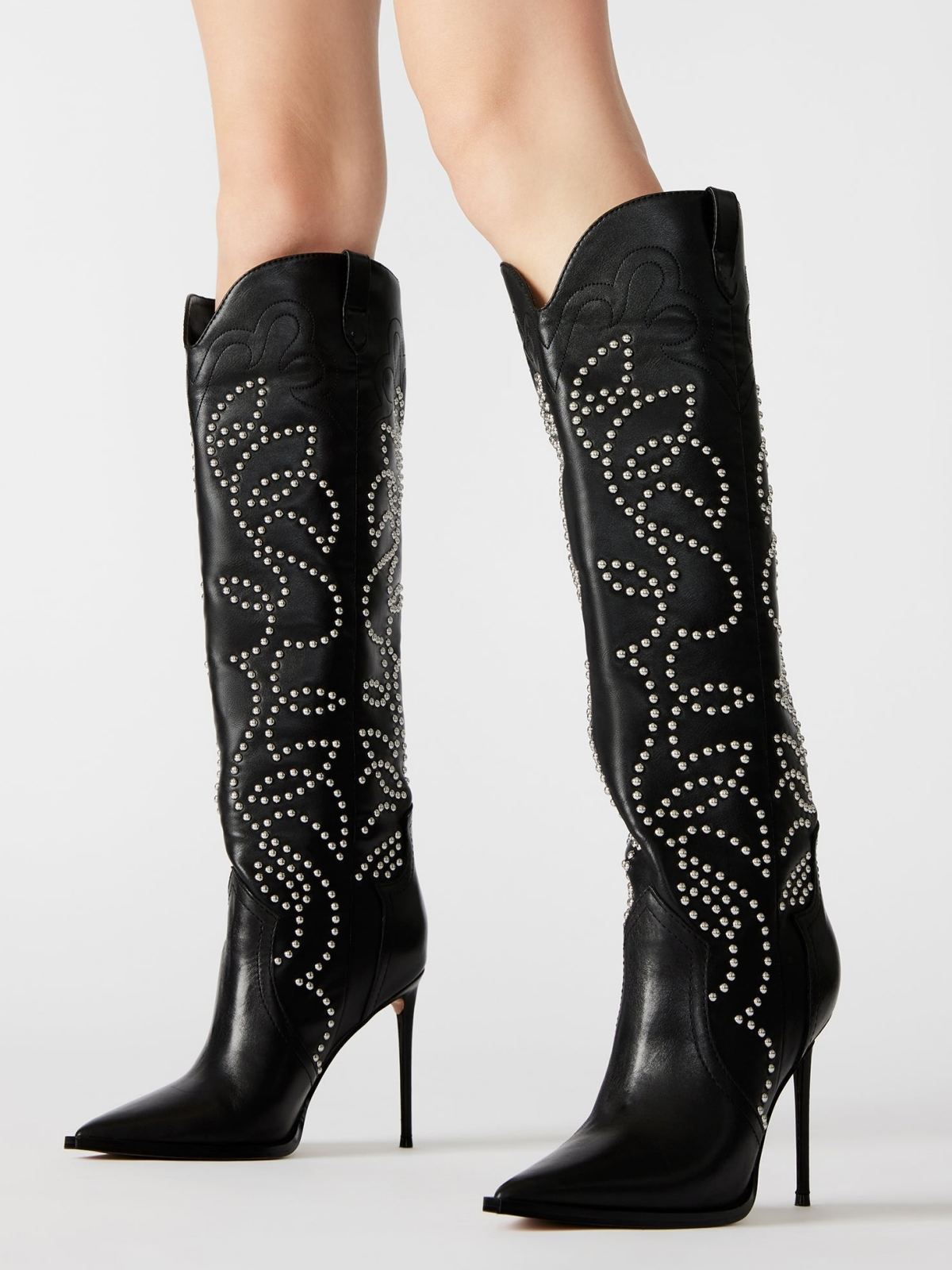 Black Vegan Leather Pointed-Toe Studded Embroidery Wide Mid Calf Stiletto Boots