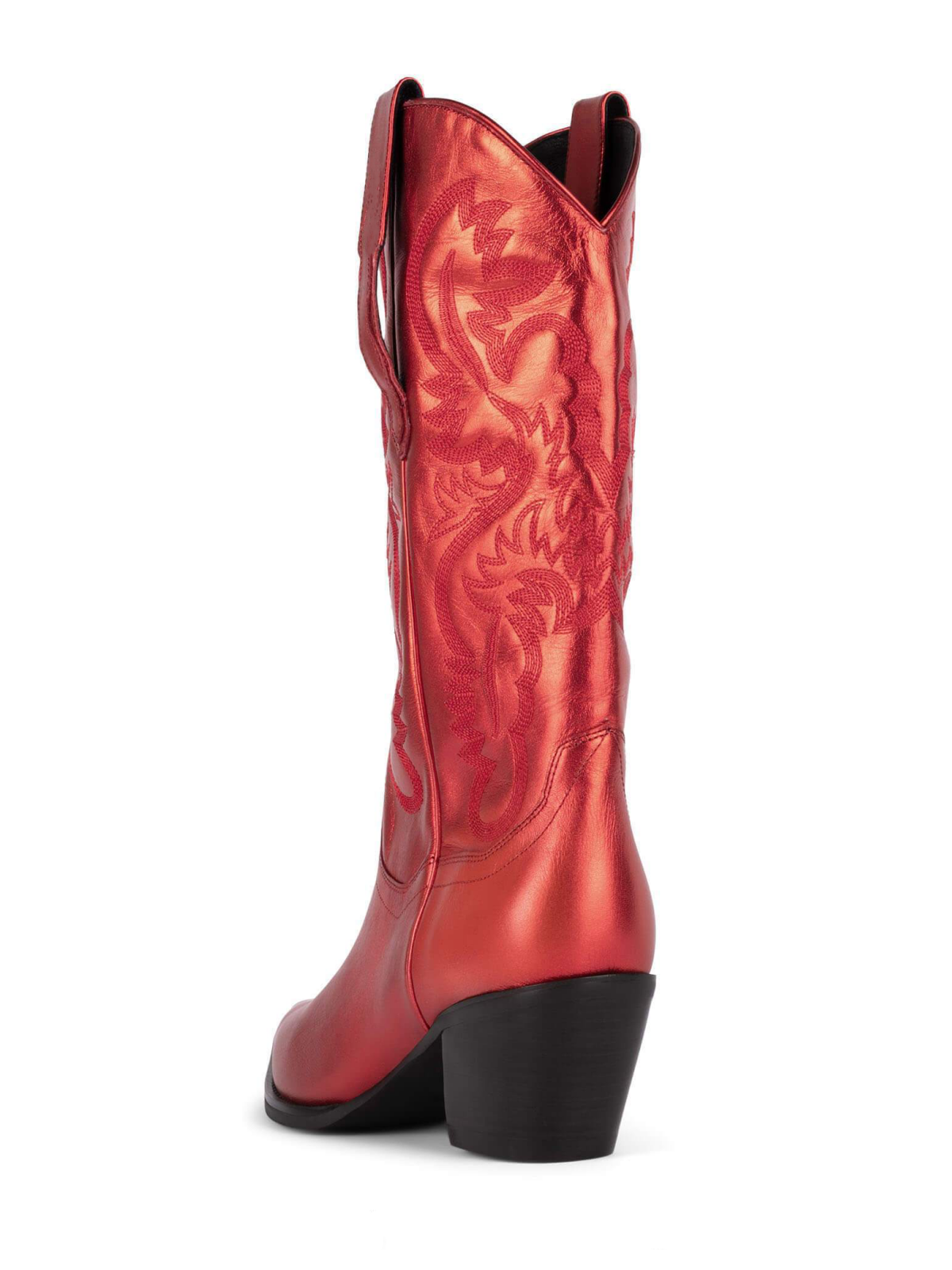 Metallic Red Snip-Toe Western Embroidery Wide Mid Calf Tall Cowgirl Boots