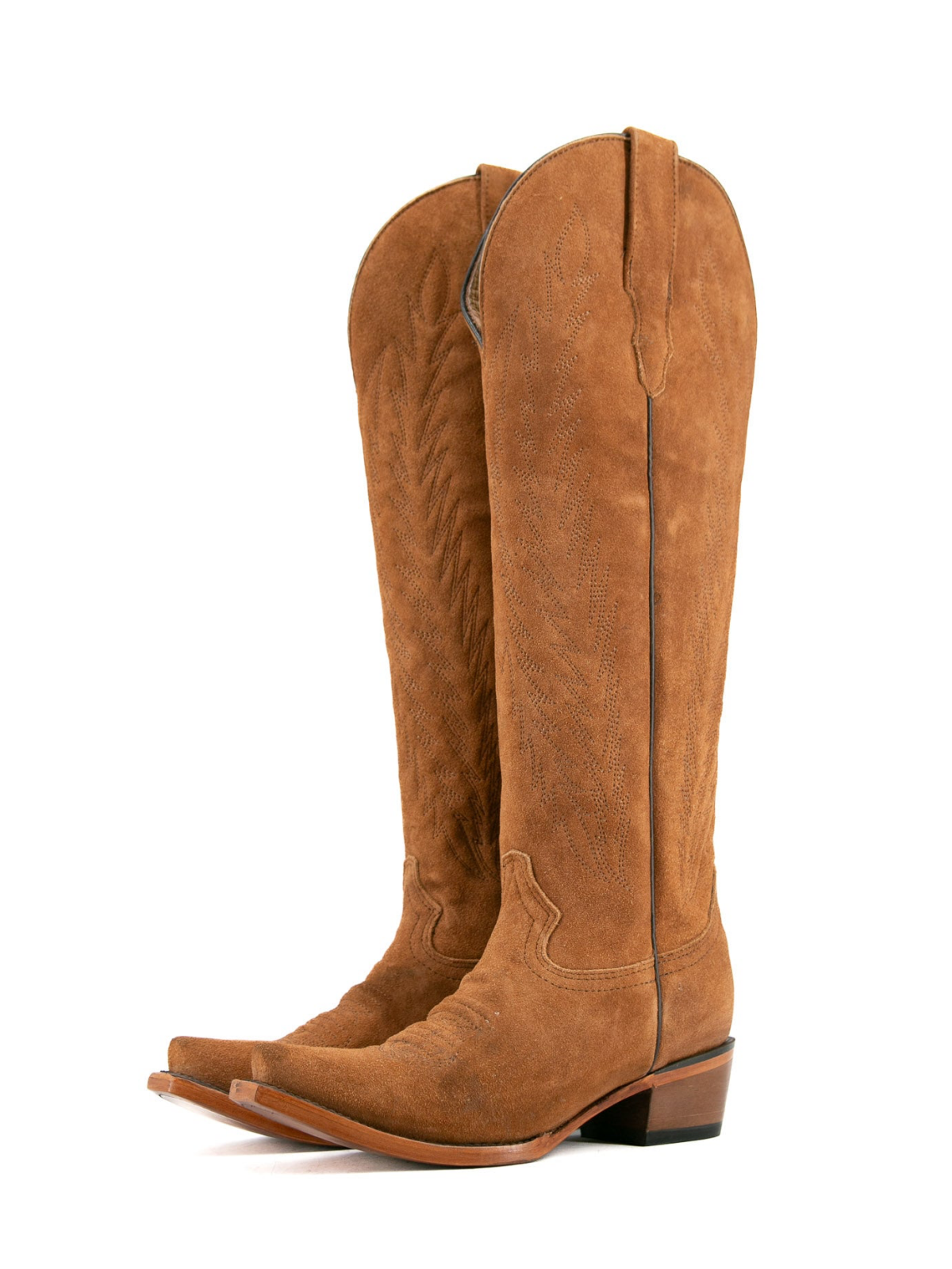 Faux Suede Snip-Toe Half-Zip Embroidery Knee High Tall Cowgirl Boots - Hazelnut