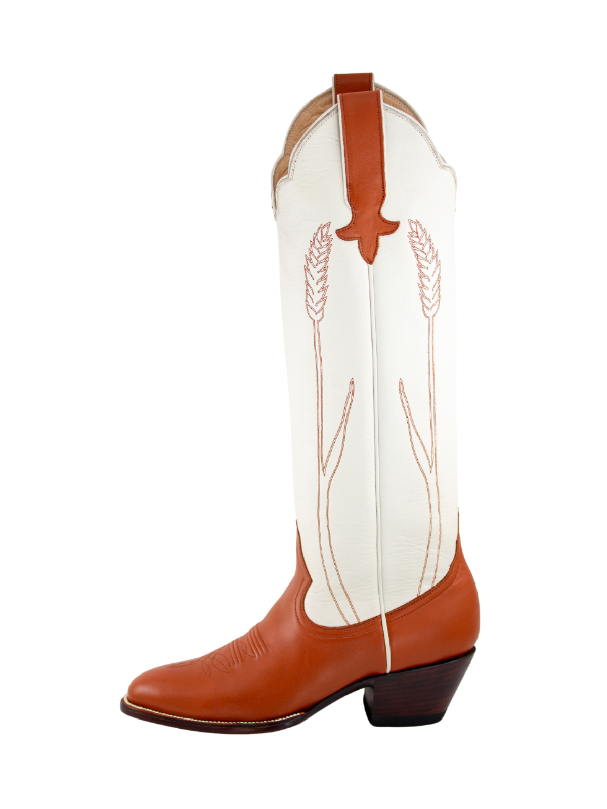 Contrast Ivory And Chestnut Almond-Toe Ear-Of-Rice Embroidery Wide Calf Knee High Cowgirl Boots