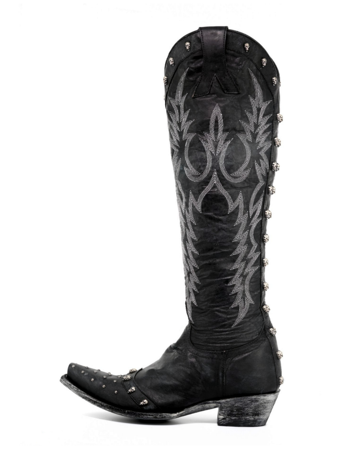 Black Snip-Toe Studded Embroidery Skull Applique Half-Zip Tall Knee High Cowgirl Boots