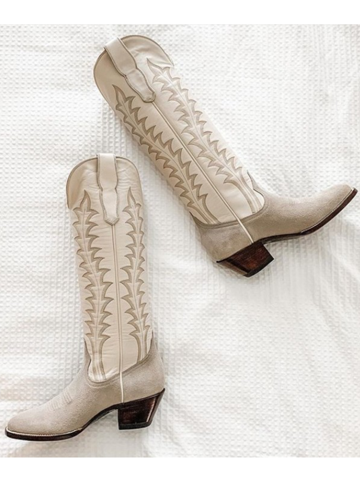 Contrast Tan Faux Suede And Bone Embroidery Almond-Toe Wide Mid Calf Tall Cowgirl Boots