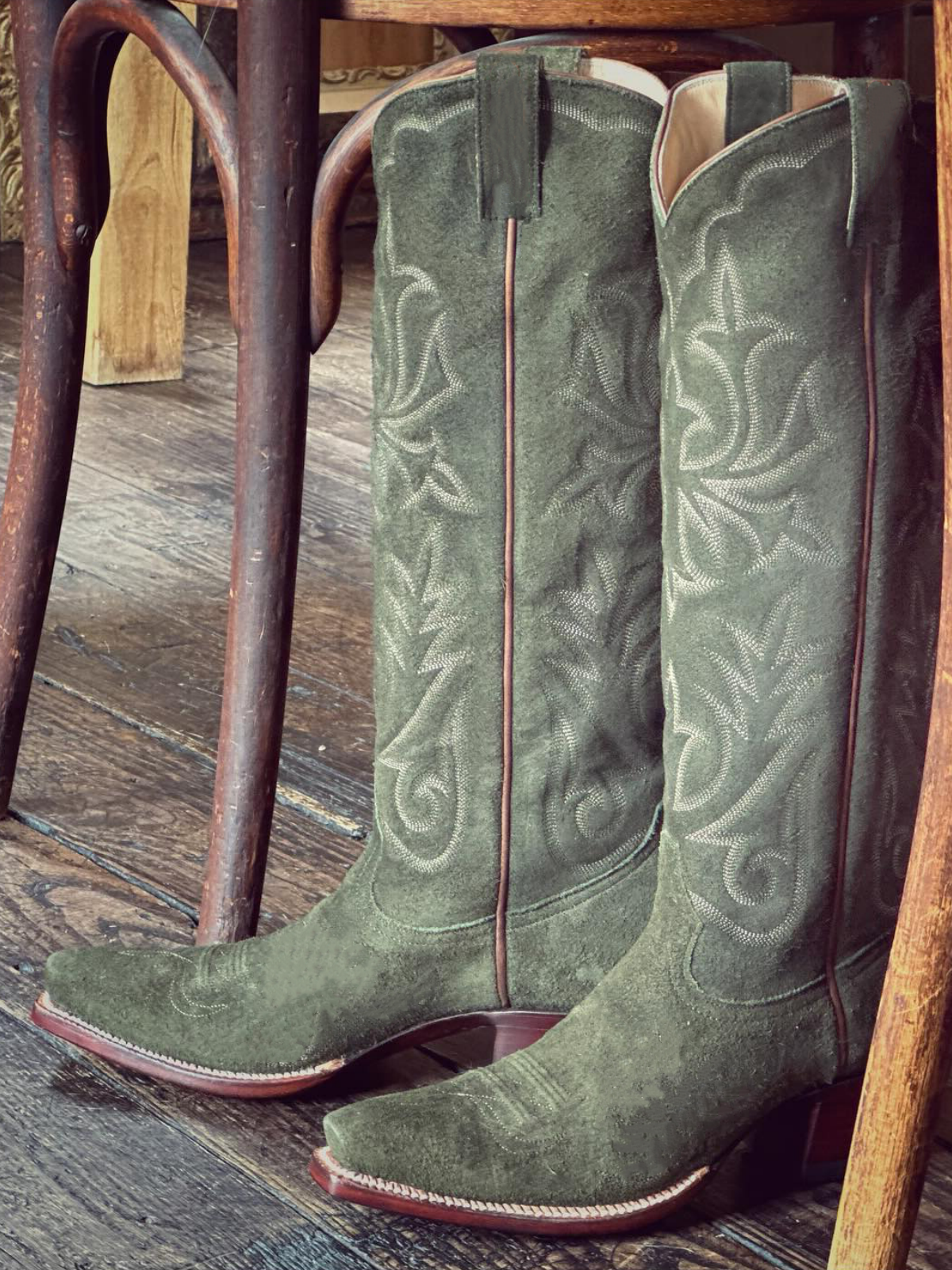 Dark Forest Green Faux Suede Embroidery Snip-Toe Wide Mid Calf Tall Cowgirl Boots