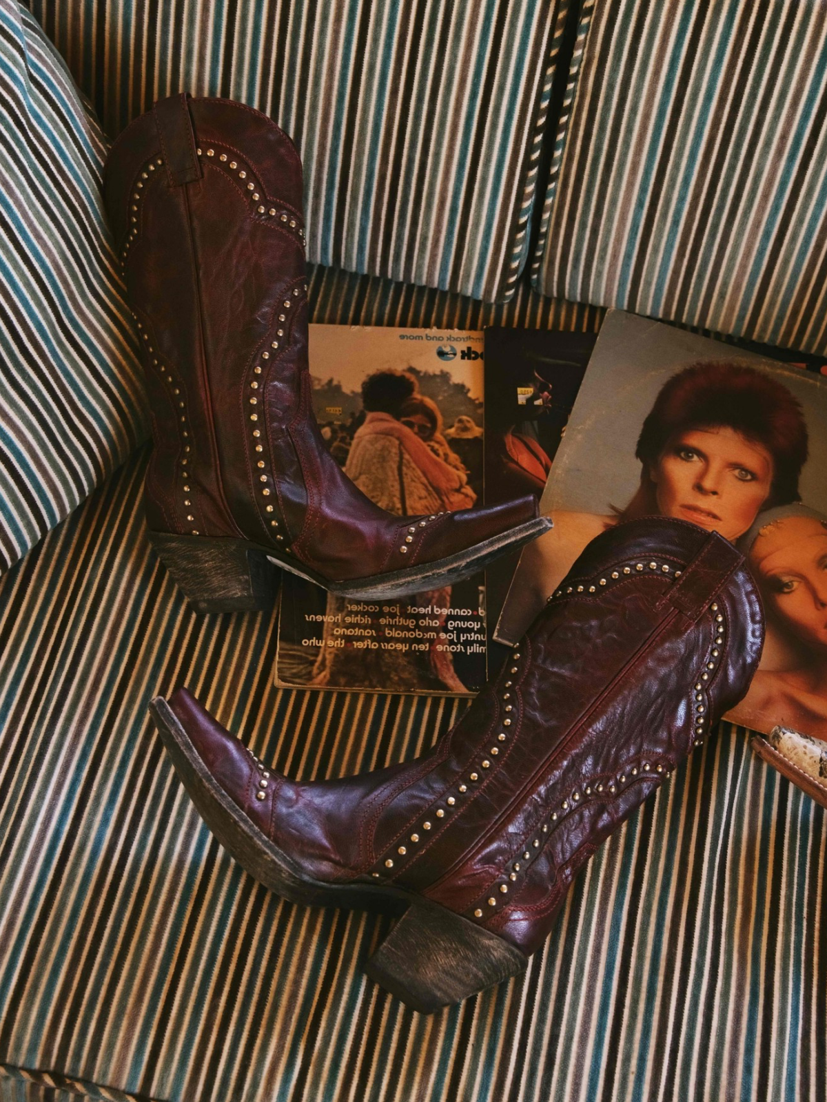 Dark Red Distressed Stitch Studded Snip-Toe Wide Mid Calf Cowgirl Tall Boots