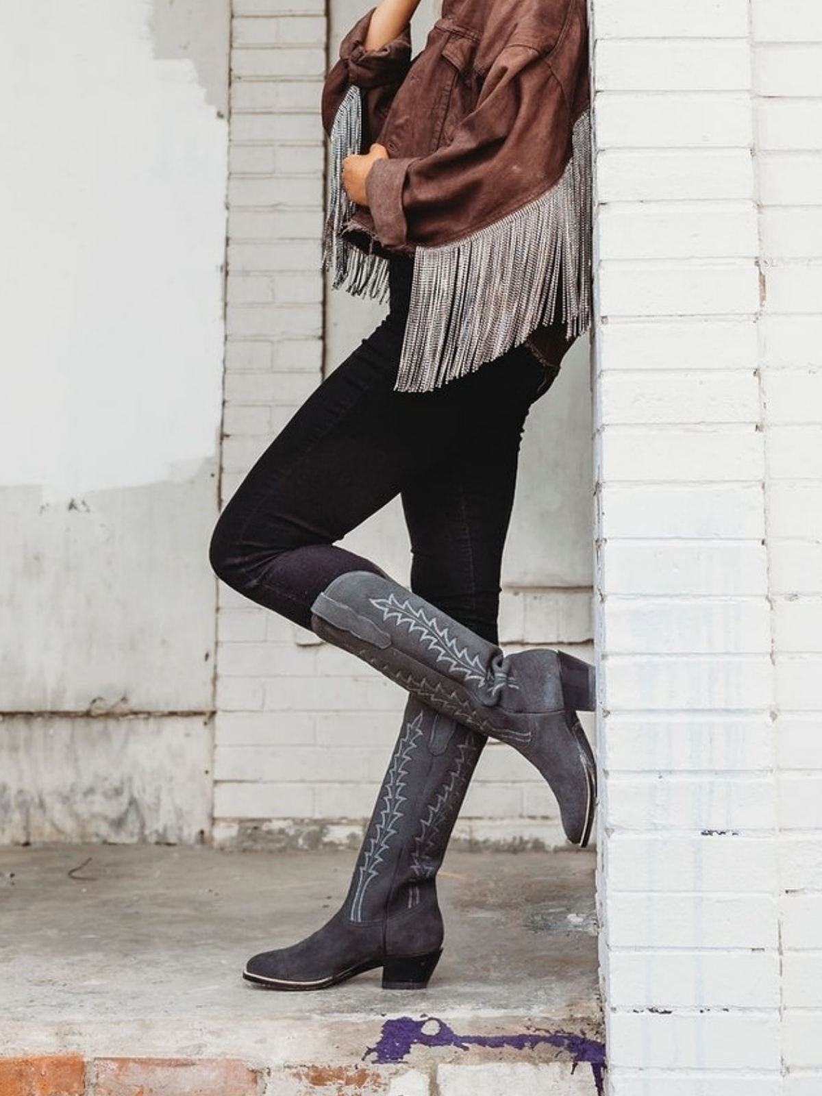 Gray Faux Suede Almond-Toe Wide Mid Calf Tall Cowgirl Boots