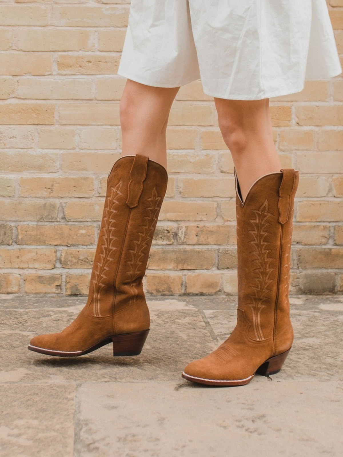 Brown Faux Suede Embroidery Almond-Toe Wide Mid Calf Tall Cowgirl Boots