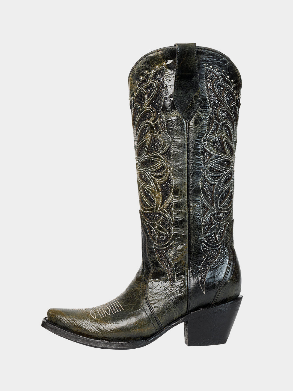 Distressed Black Snip-Toe Studded Embroidery Glitter Inlay Wide Mid Calf Tall Cowgirl Boots