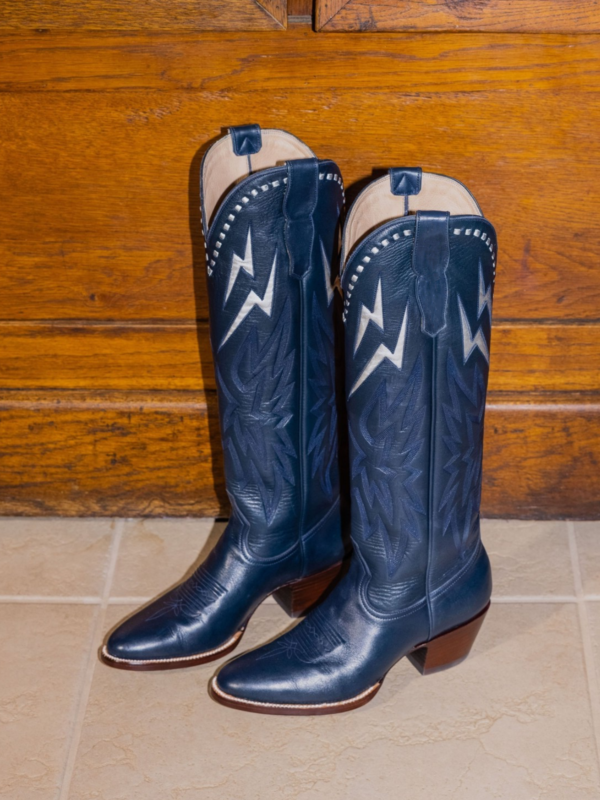 Metallic Silver Lightning Inlay Stitch Embroidery Wide Mid Calf Tall Cowgirl Boots - Dark Blue