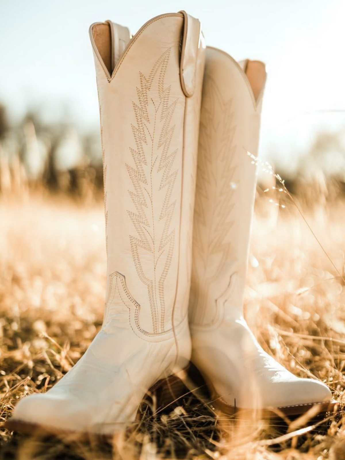 Ivory Embroidery Almond-Toe Wide Mid Calf Cowboy Tall Boots For Women