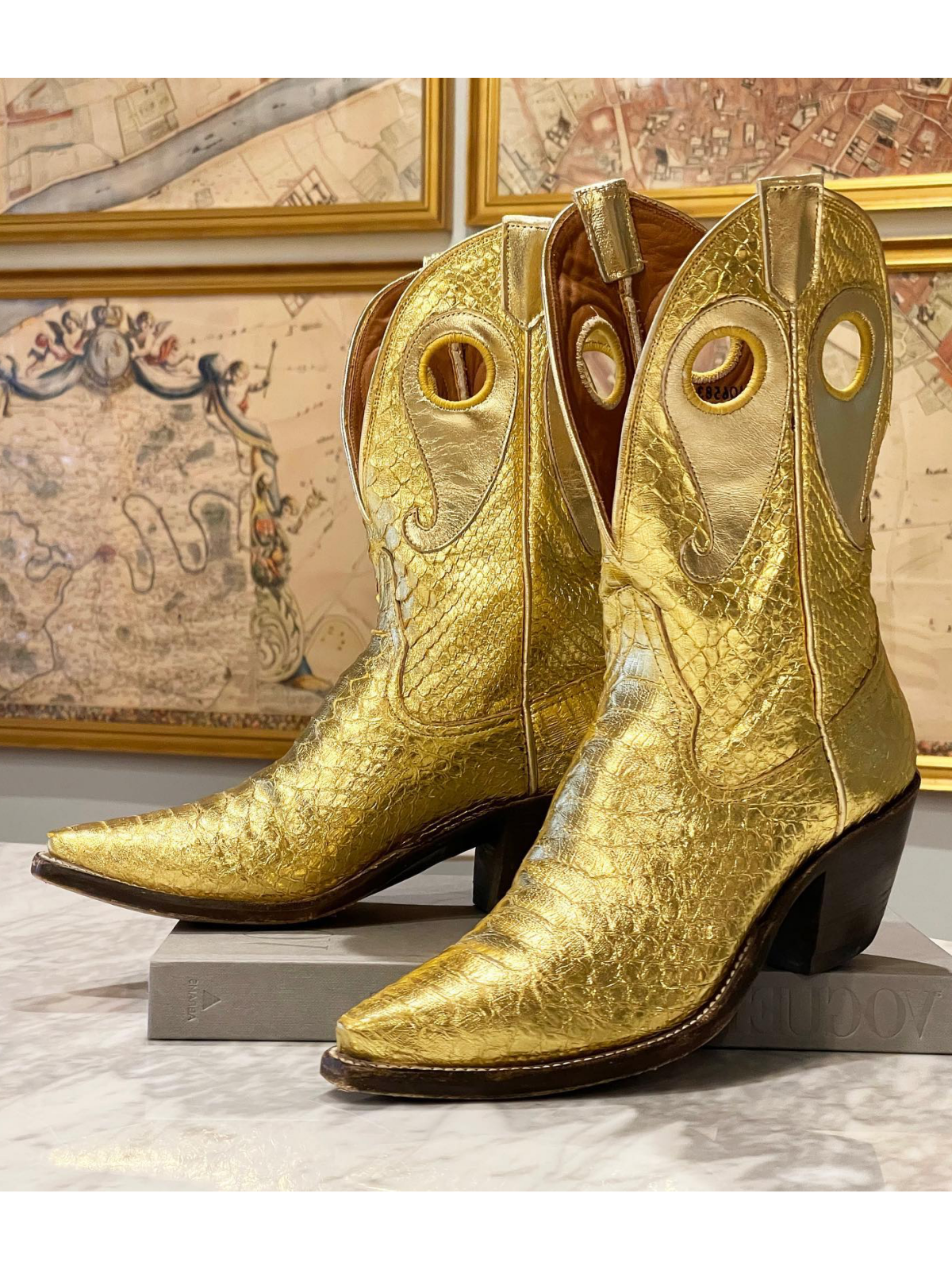 Metallic Gold Snakeskin Cutout Snip-Toe Wide Mid Calf Cowgirl Boots With Mirrored Gold Paisley