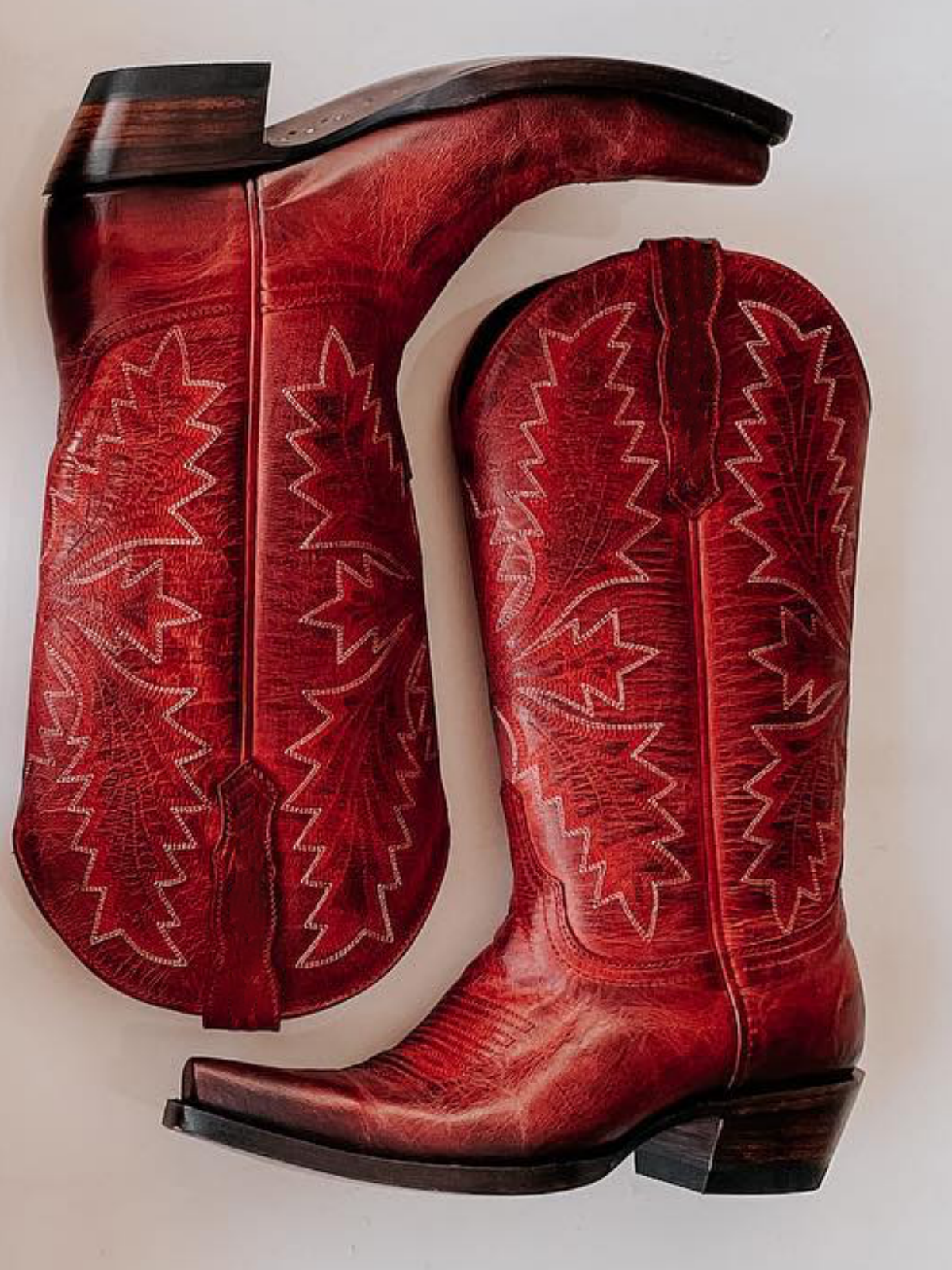 Distressed Leaf Embroidery Snip-Toe Wide Mid Calf Tall Cowgirl Boots - Red