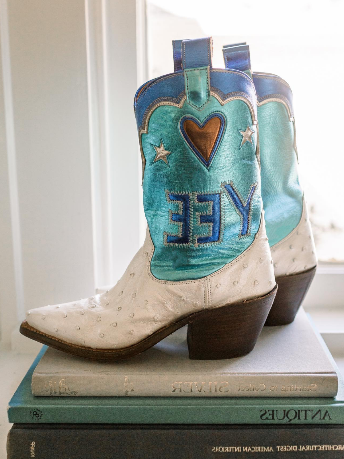 Contrast Tri-Color Ostrich-Textured And Metallic Vegan Leather Heart Star Letter Inlay Cowgirl Boots - Blue