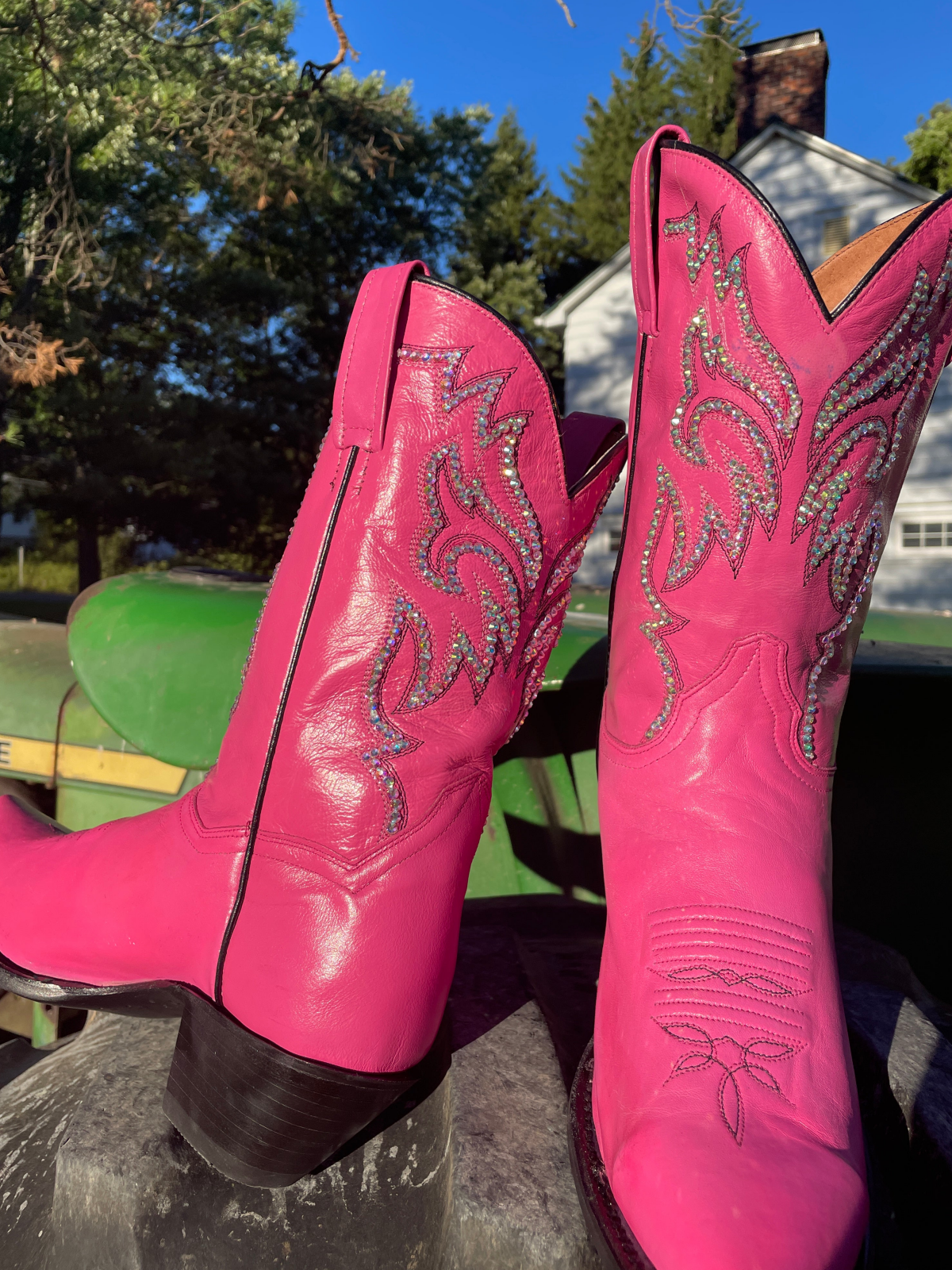 Hot Pink Rhinestone Embroidery Snip-Toe Wide Mid Calf Cowgirl Boots