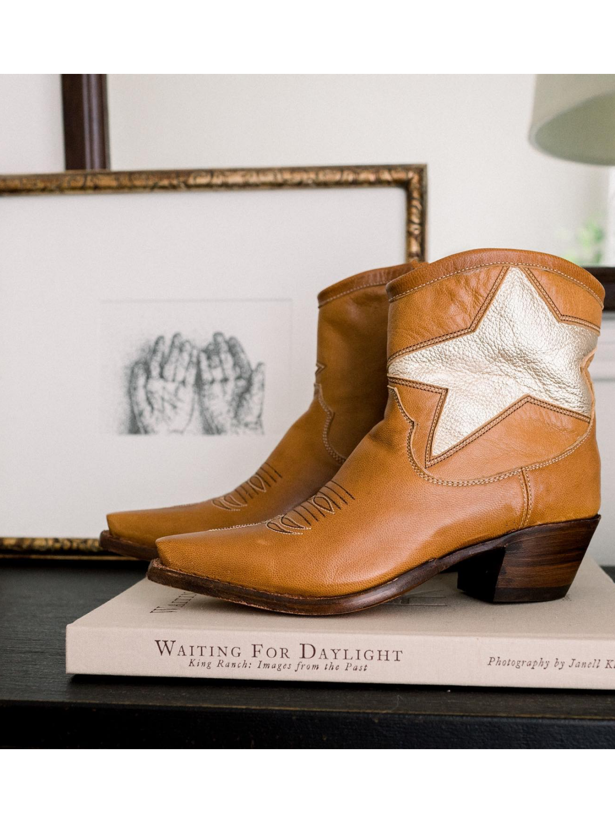 Brown Snip-Toe Cowgirl Ankle Booties With Metallic Gold Big Star Inlay