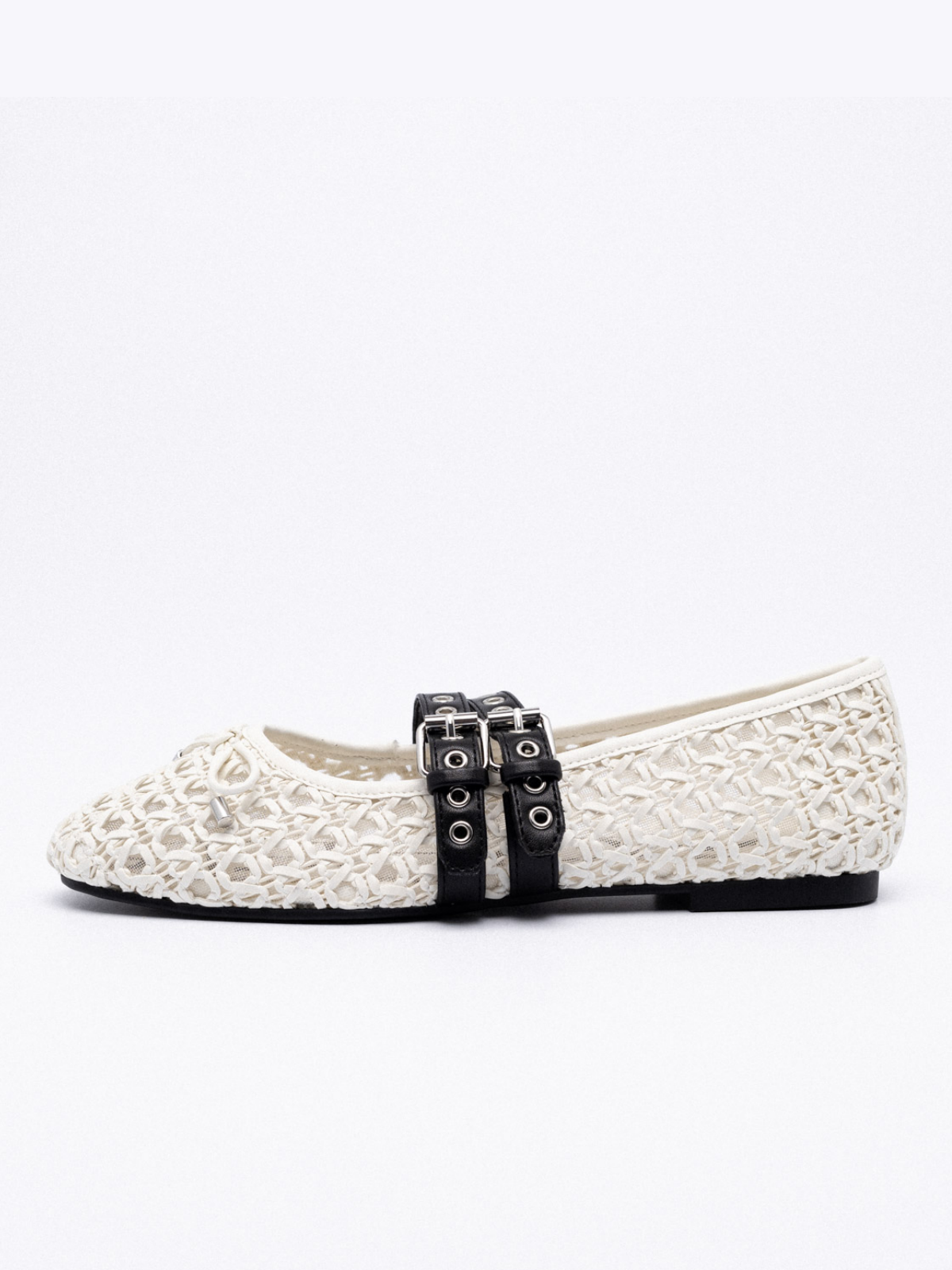 White Raffia Woven Bow Ballet Flats Mary Janes With Grommet Buckled Straps