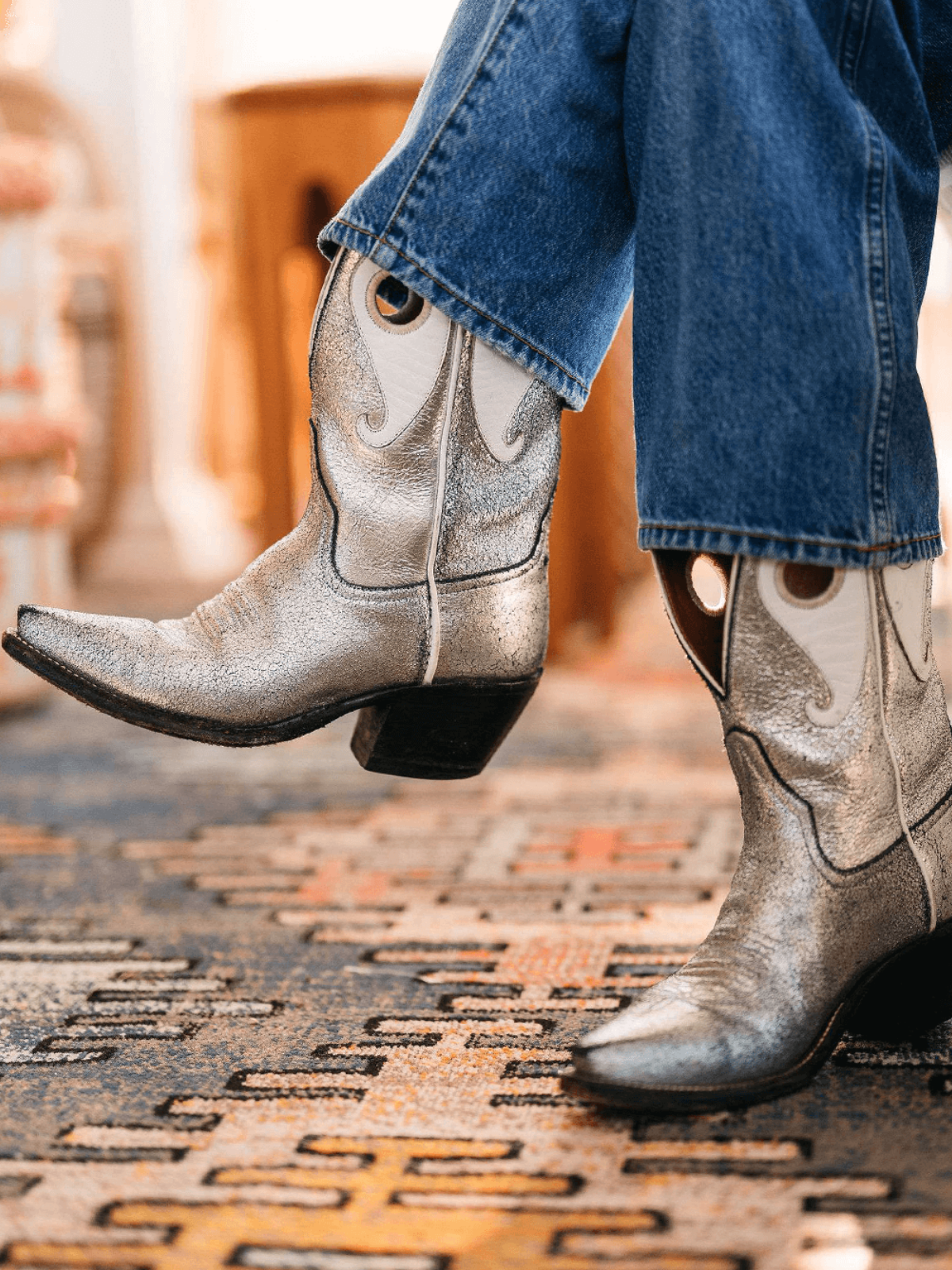 Metallic Silver Cutout Snip-Toe Wide Mid Calf Cowgirl Boots With White Paisley