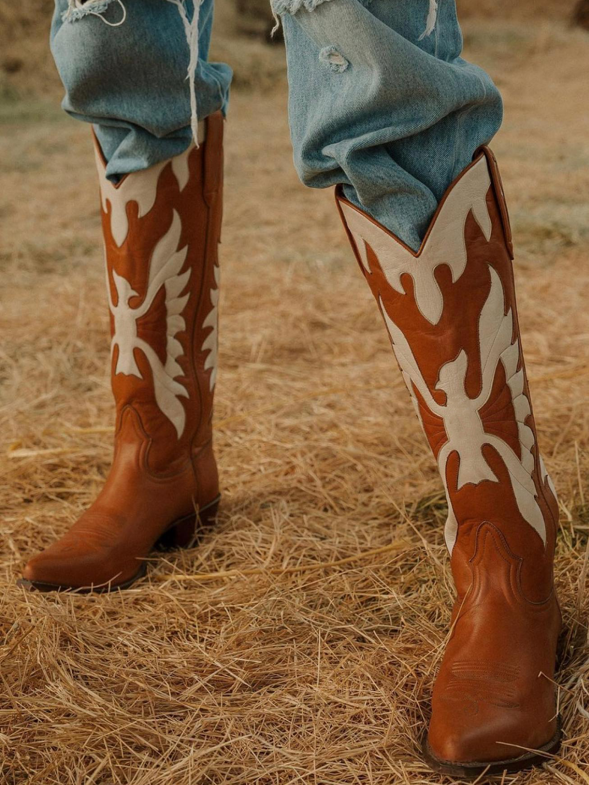 Brown Snip-Toe White Eagle Inlay Wide Mid Calf Tall Cowgirl Boots