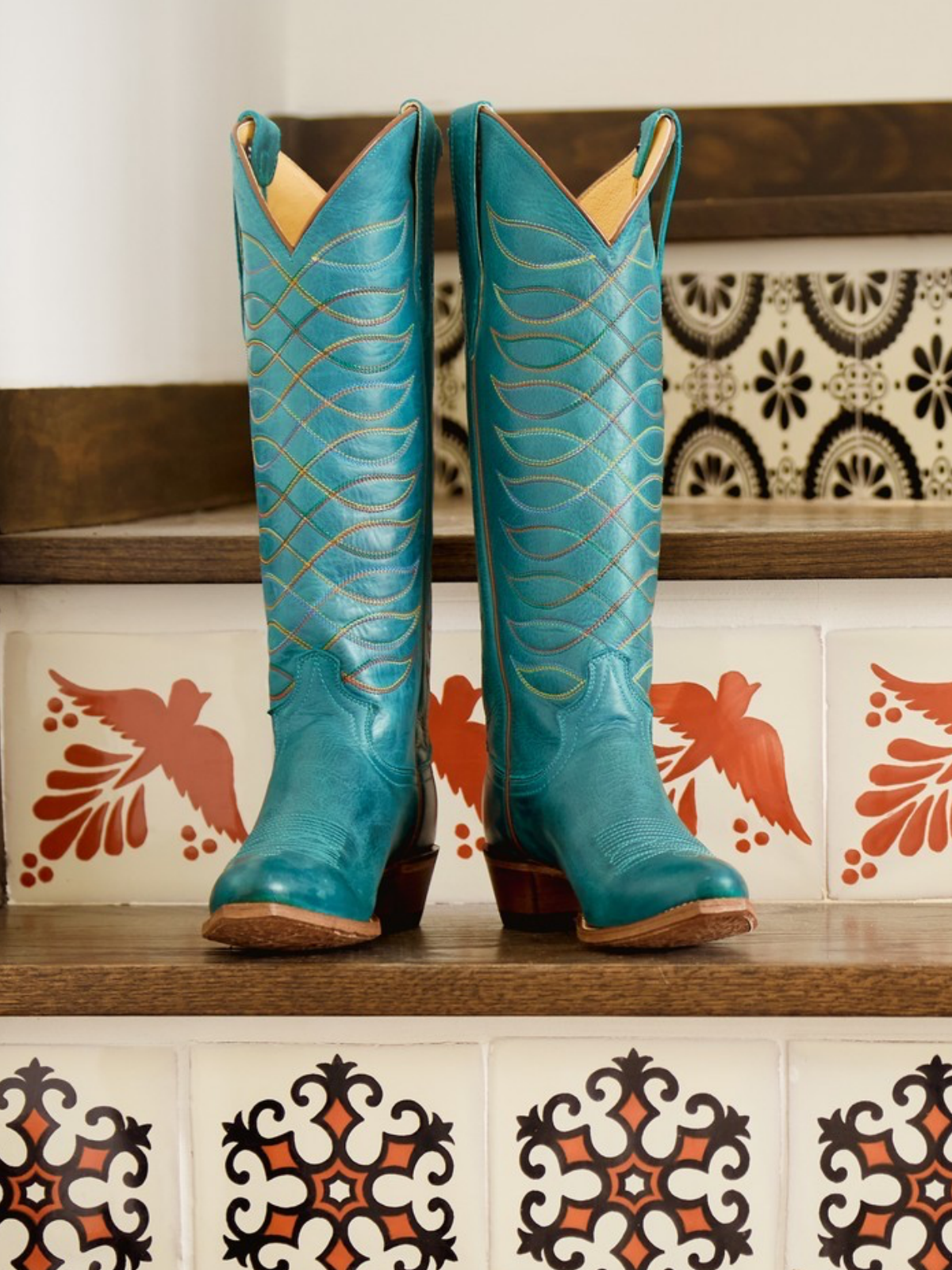 Turquoise Round-Toe Embroidery Wide Mid Calf Tall Cowgirl Boots