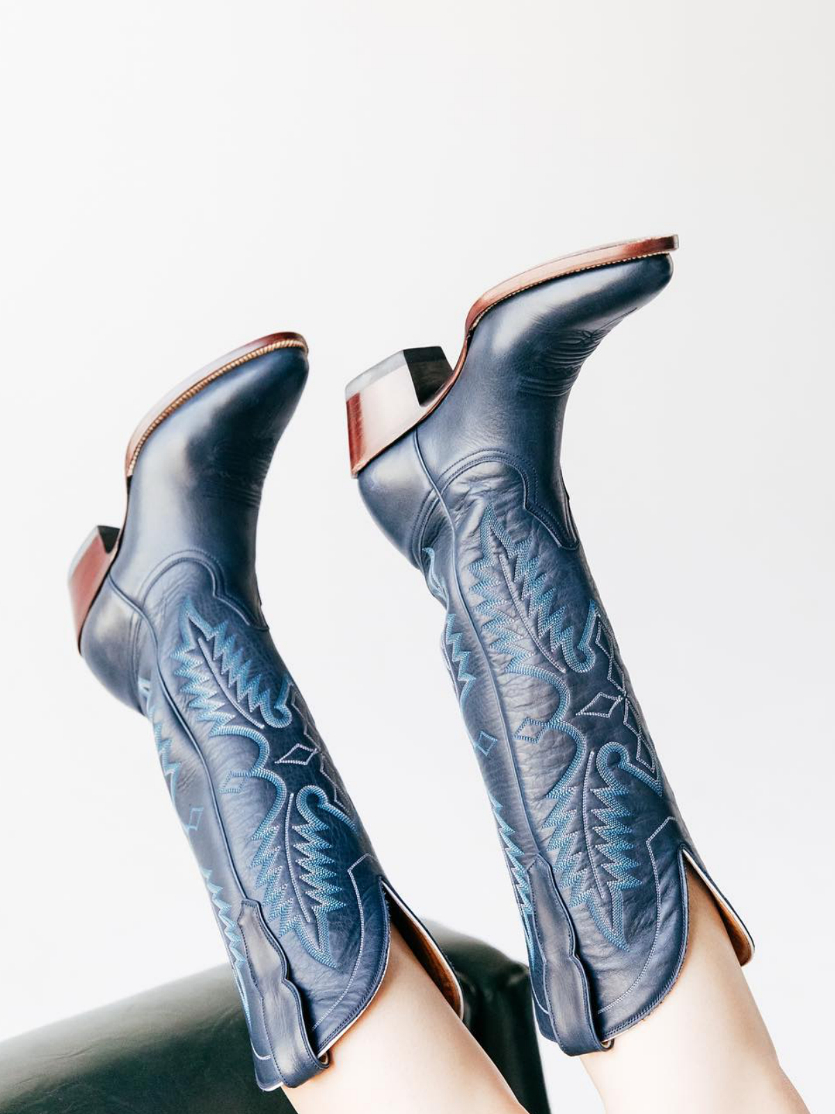 Blue Embroidered Almond-Toe Mid Calf Western Boots Wide Calf Cowgirl Tall Boots