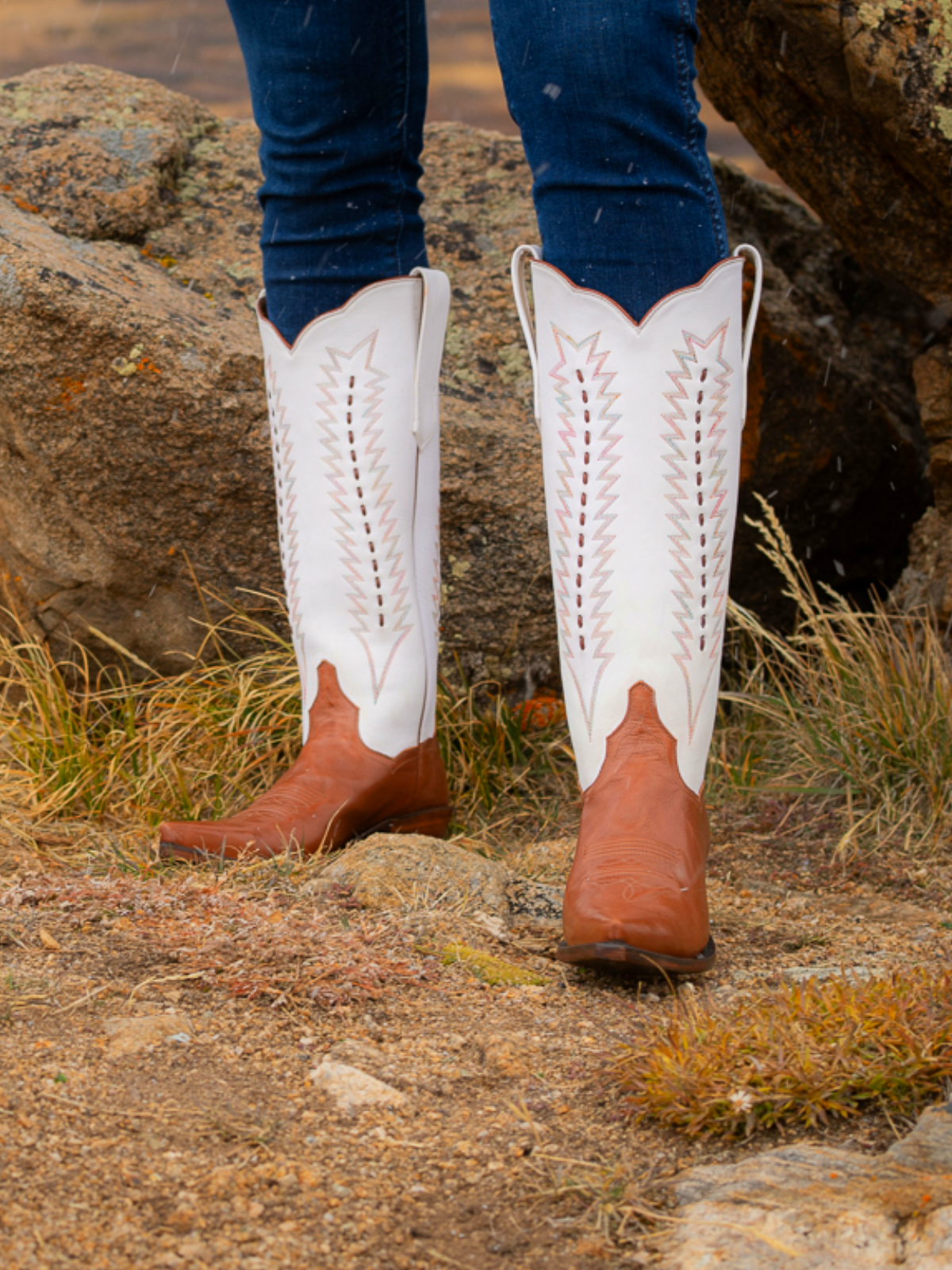 Contrast Cream And Cognac Snip-Toe Embroidery Running Stitch Wide Mid Calf Tall Cowgirl Boots