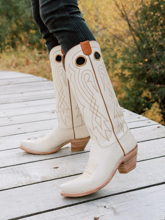 Ivory Snip-Toe Embroidery Cutout Wide Mid Calf Tall Cowgirl Boots