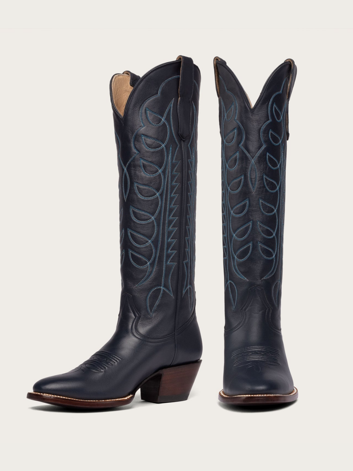 Navy Blue Embroidery Almond-Toe Wide Mid Calf Tall Cowboy Boots For Women