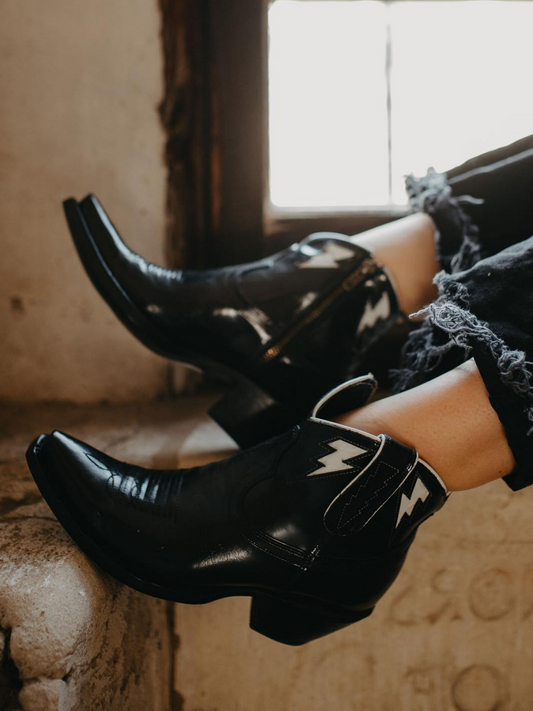 Lightning Inlay Snip-Toe Full-Zip Ankle Booties - Black Patent