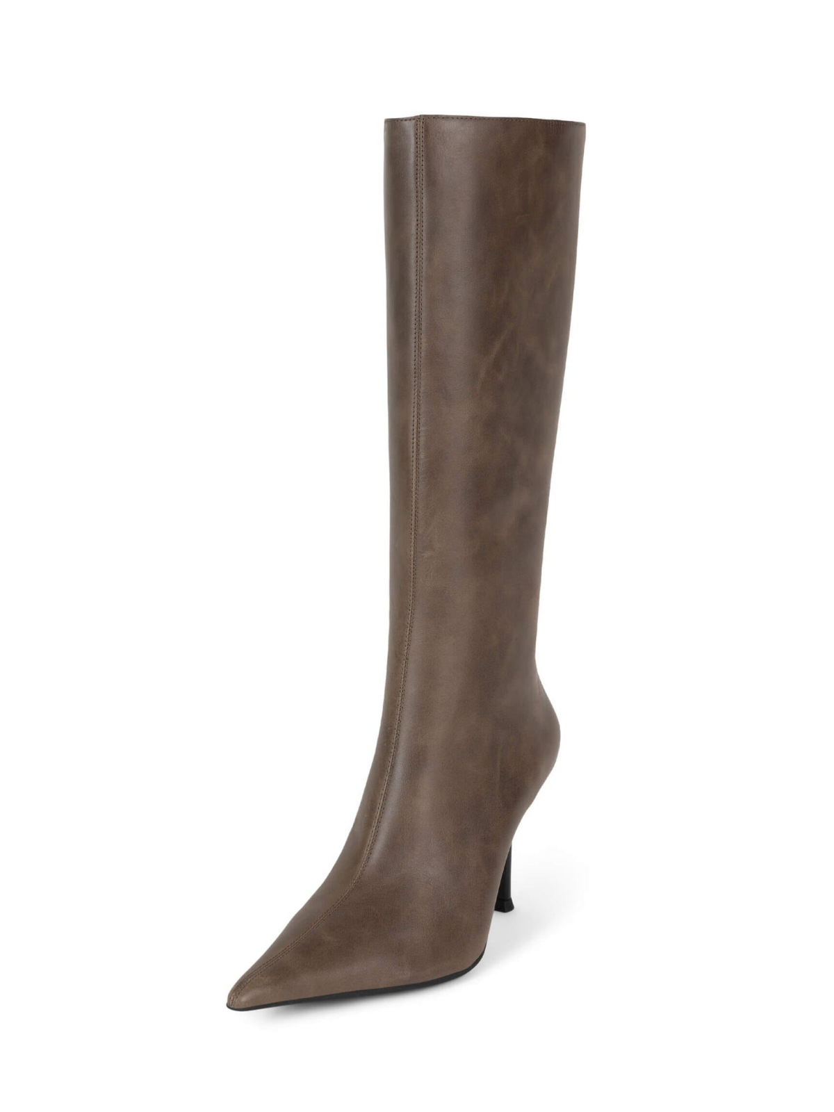 Distressed Taupe Pointed-Toe Full-Zip Mid Calf Stiletto Boots