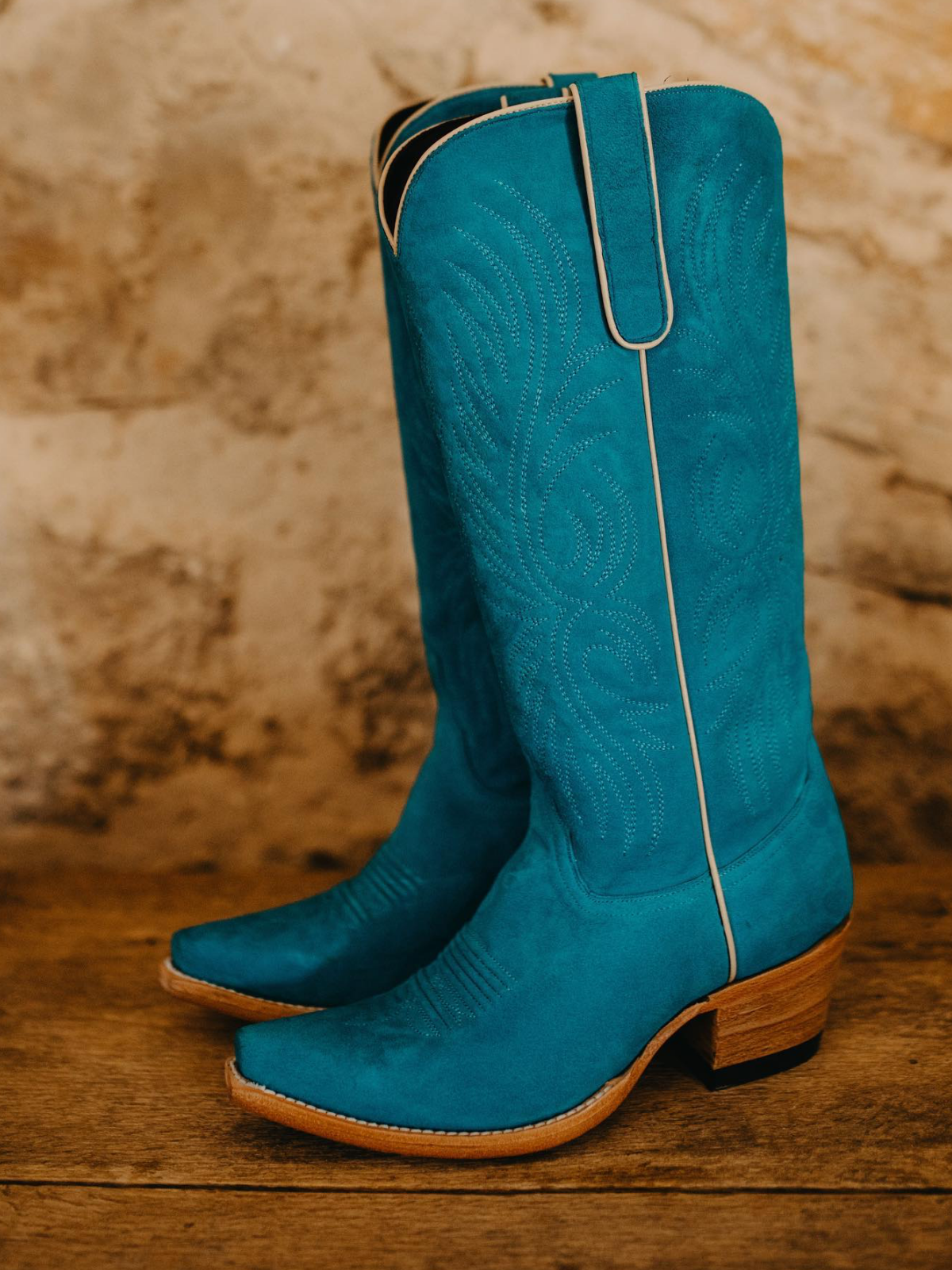 Blue Faux Suede Embroidery Snip-Toe Wide Mid Calf Cowboy Tall Boots For Women