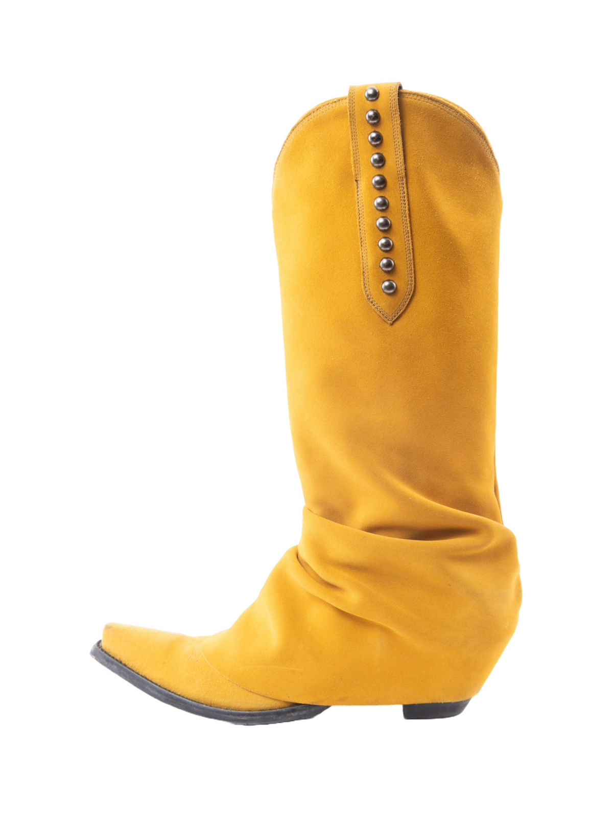 Yellow Faux Suede Snip-Toe Studded Tall Wide Mid Calf Fold-Over Slouch Cowgirl Boots