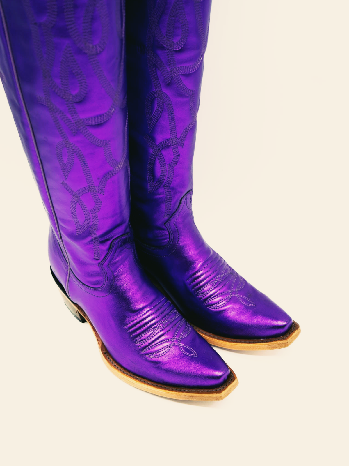 Metallic Purple Embroidery Snip-Toe Wide Calf Western Boots Knee High Tall Boots