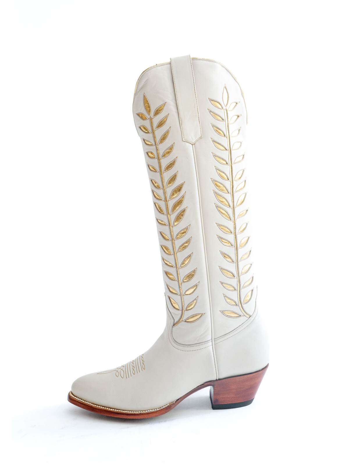 Almond-Toe Metallic Gold Leaves Inlay Wide Calf Tall Knee High Cowgirl Boots - White