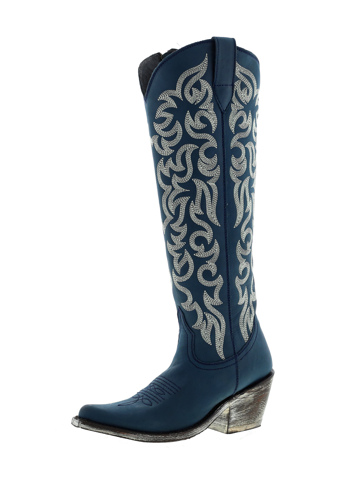 Embroidery Almond-Toe Full-Zip Knee High Tall Cowgirl Boots - Dark Blue