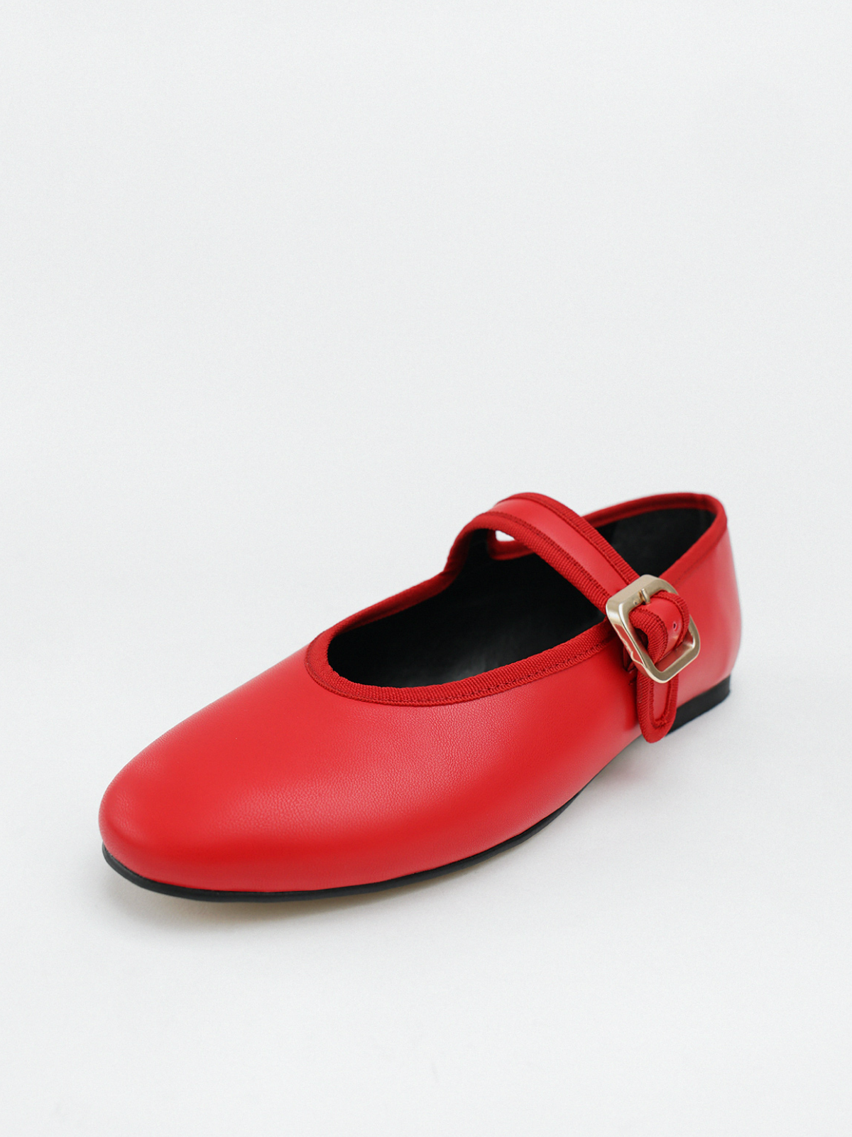 Red Buckled Detailed Oval Ballet Flats Mary Janes With Wide Strap