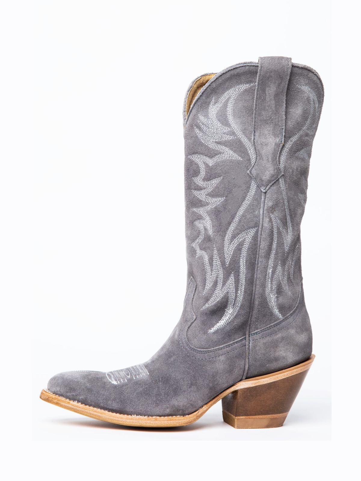 Faux Suede Wings Embroidery Pointed-Toe Wide Mid Calf Tall Cowgirl Boots - Gray