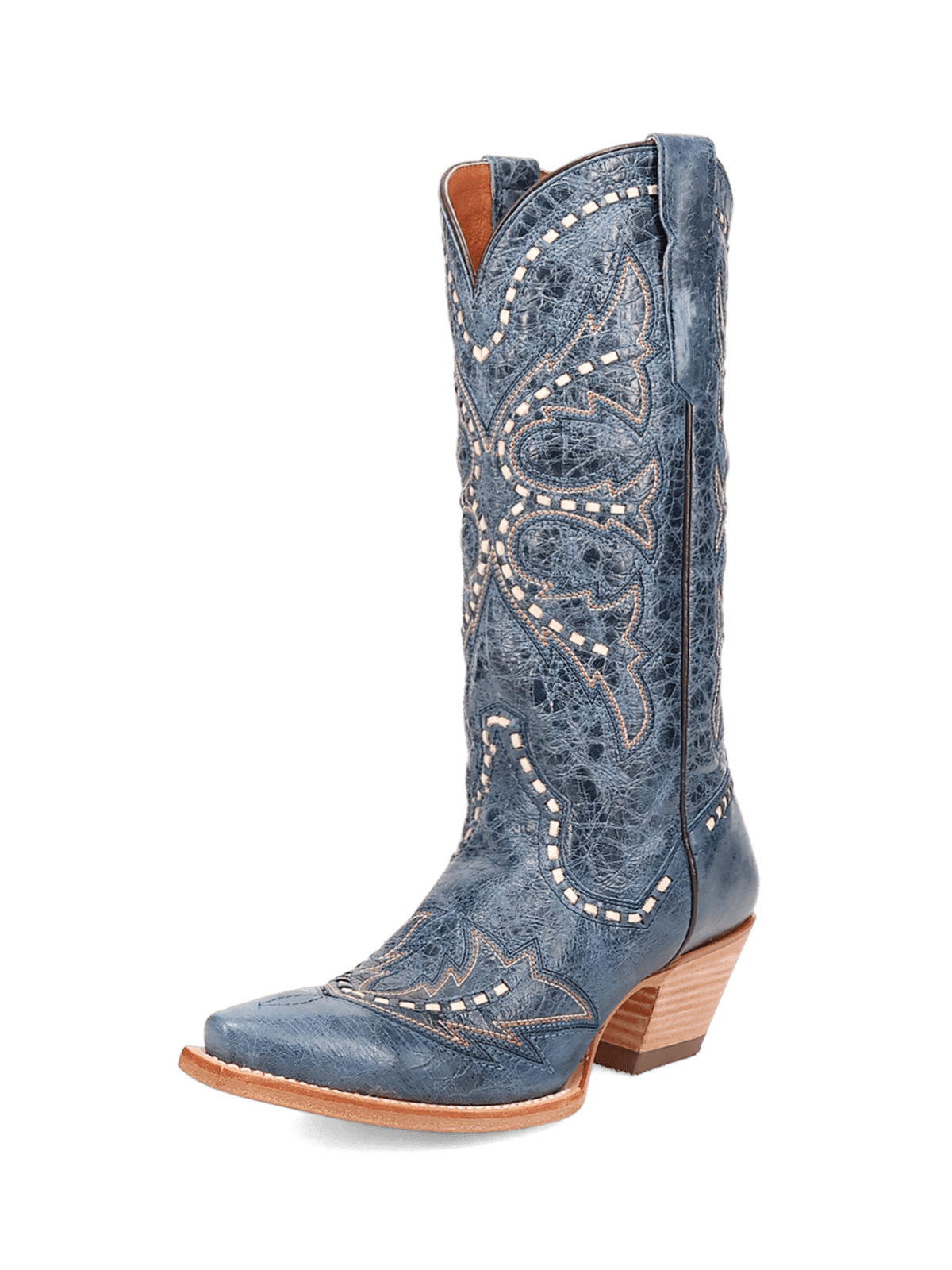 Distressed Blue Snip-Toe Embroidery And Running Stitch Wide Mid Calf Cowgirl Boots