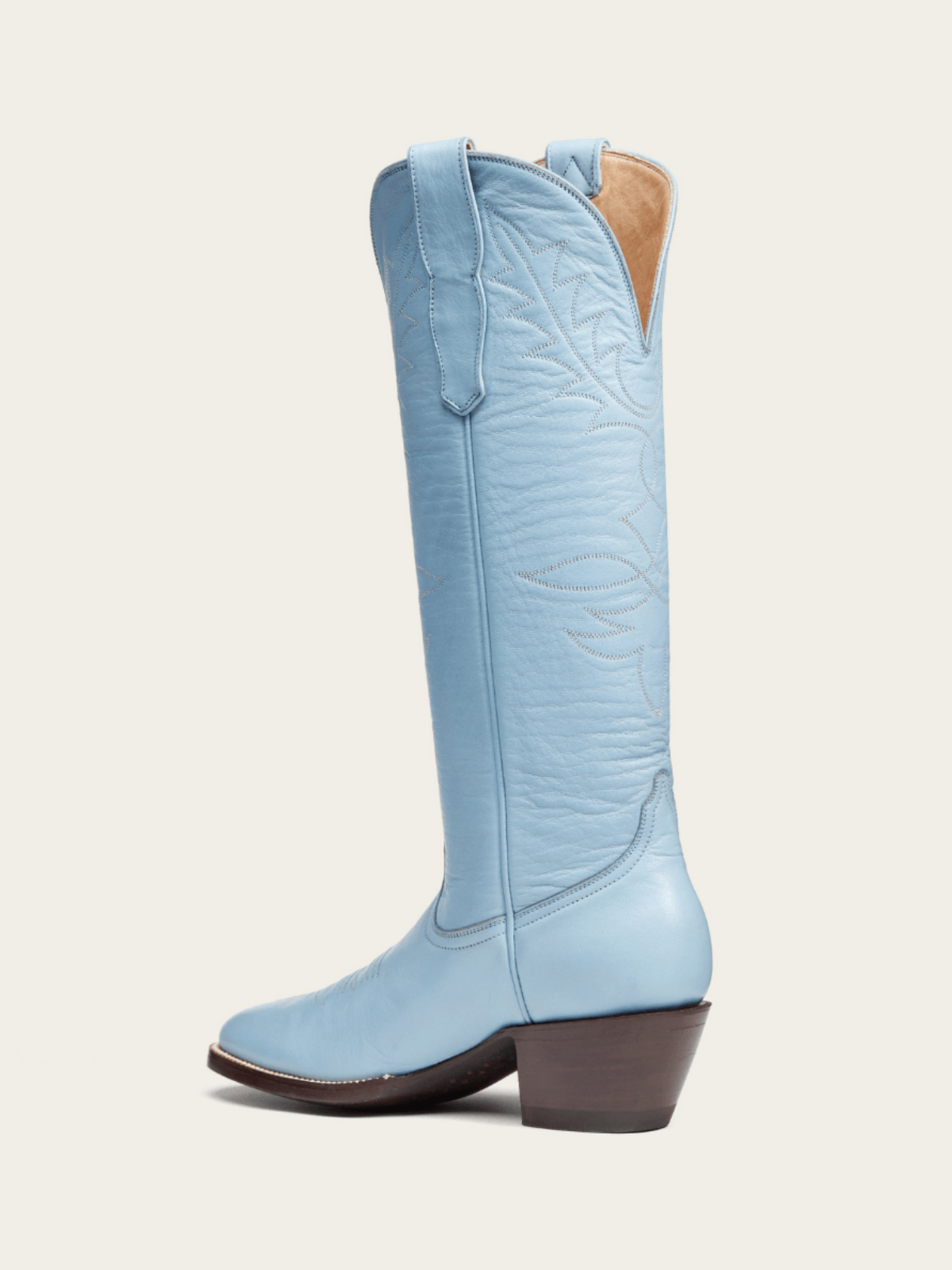 Powder Blue Vegan Leather Embroidery Almond-Toe Wide Mid Calf Tall Cowgirl Boots